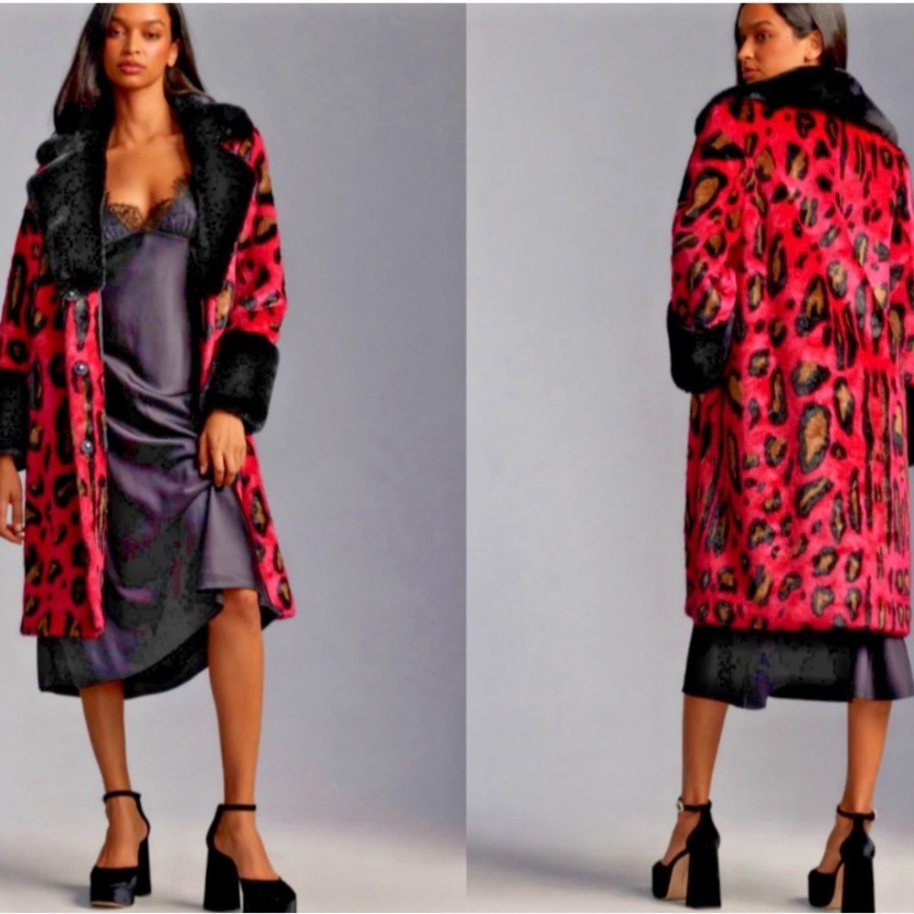 Anthropologie Maeve Pink Cheetah Faux Fur Coat size Medium